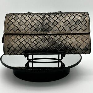 Authentic Bottega Veneta Metallic Pewter Long Wallet
